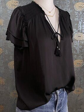 PAIGE Black V-Neck Blouse Tie Front Ruffle Sleeve Size Small